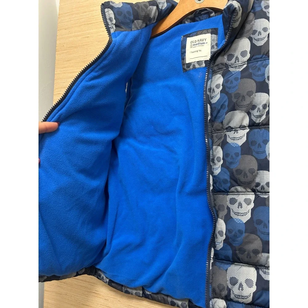 Old Navy Boys Medium 8 Skull Print Puffer Vest Blue Fleece Lined Zip Up‎ 3290